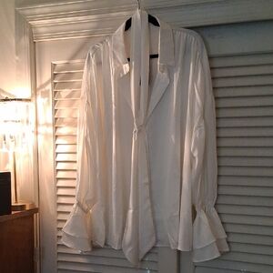 Uoozee - Cream Tie-Neck Ruffle Cuff Blouse - Women's Top